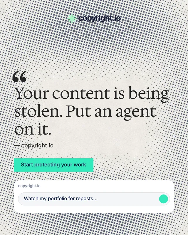 Instagram portrait post for copyright.io: "Reposts don't remove themselves." Swiss style, quote layout, light palette in grey, white.