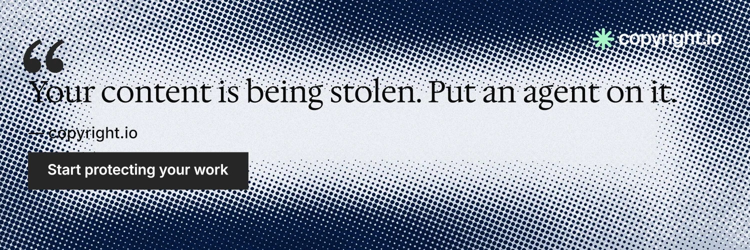 X header for copyright.io: "Continuous protection for creators." Split block style, quote layout, light palette in blue, grey, white.