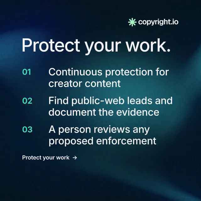 Instagram post for copyright.io: "Protect your work." Minimal luxury style, numbered layout, dark palette in blue, black.