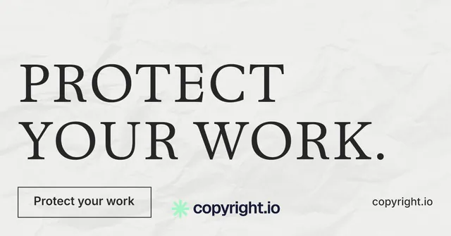 Social ad for copyright.io: "Protect your work." Editorial style, poster layout, light palette in white, grey.