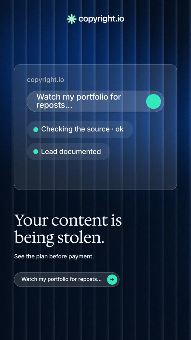 Instagram story for copyright.io: "Your content is being stolen." Agentic glass style, bottom layout, dark palette in blue, black.