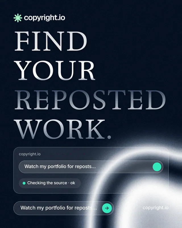 Instagram portrait post for copyright.io: "Find your reposted work." Agentic glass style, poster layout, dark palette in black, blue, grey.