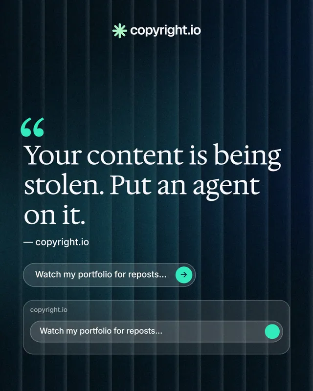 Instagram portrait post for copyright.io: "Reposts don't remove themselves." Agentic glass style, quote layout, dark palette in blue, black.