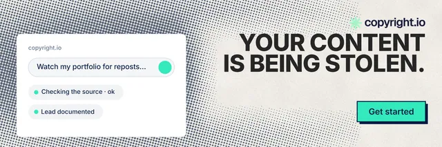 X header for copyright.io: "Your content is being stolen." Brutalist style, right layout, light palette in grey, white.