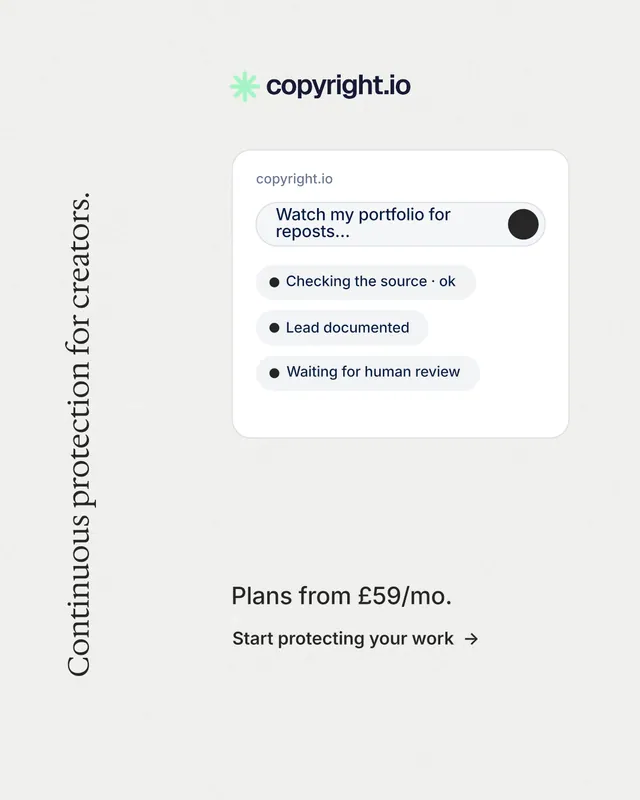 Instagram portrait post for copyright.io: "Continuous protection for creators." Minimal luxury style, vertical layout, light palette in white.