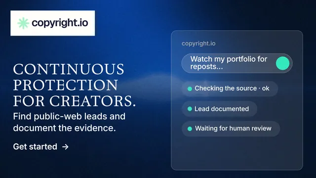 Landscape graphic for copyright.io: "Continuous protection for creators." Minimal luxury style, bottom layout, dark palette in blue, black.