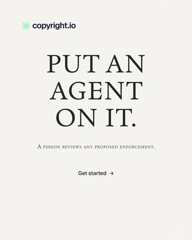 Instagram portrait post for copyright.io: "Put an agent on it." Editorial style, smallcaps layout, light palette in white, grey.