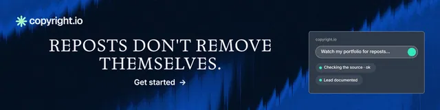 LinkedIn banner for copyright.io: "Reposts don't remove themselves." Minimal luxury style, skeleton layout, dark palette in black, blue.