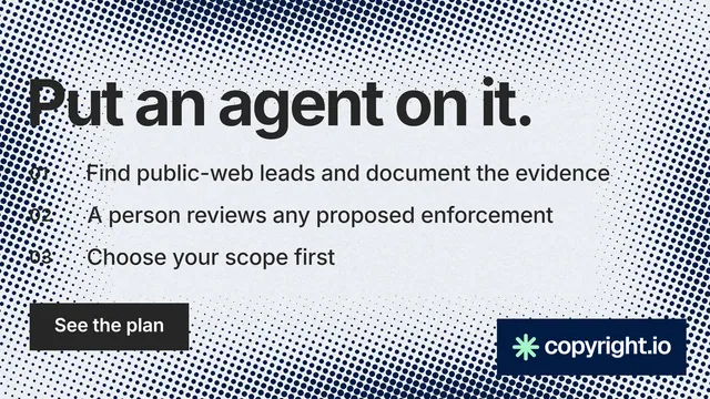 Landscape graphic for copyright.io: "Put an agent on it." Swiss style, numbered layout, light palette in grey, white.