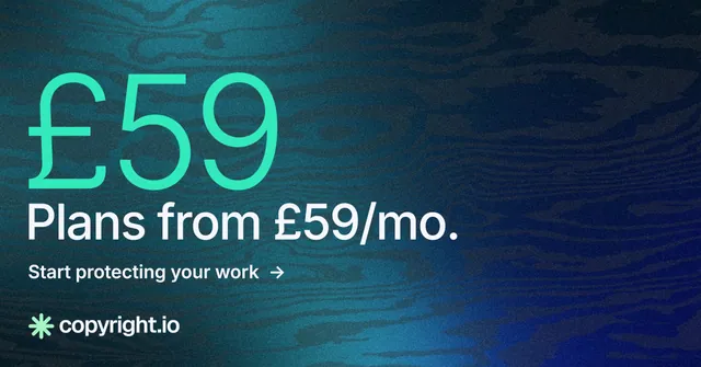 Social ad for copyright.io: "Your content is being stolen." Minimal luxury style, stat layout, dark palette in blue, teal.
