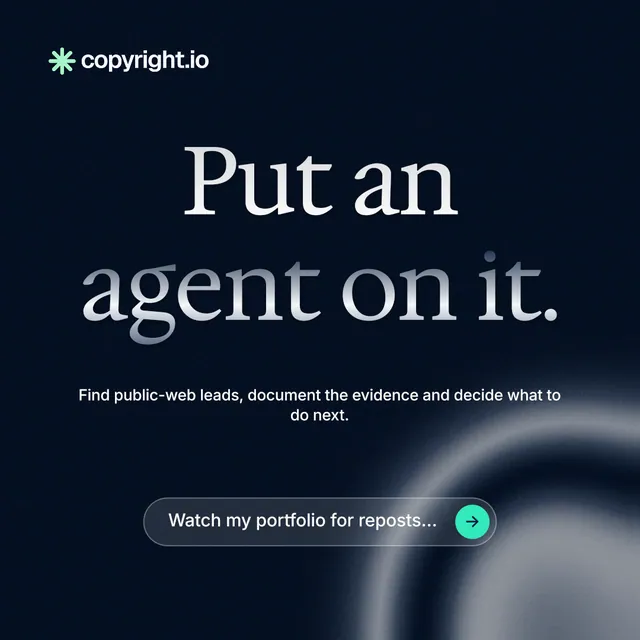 Instagram post for copyright.io: "Put an agent on it." Agentic glass style, centred layout, dark palette in black, grey, blue.