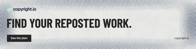 LinkedIn banner for copyright.io: "Find your reposted work." Retro print style, poster layout, light palette in grey, white.