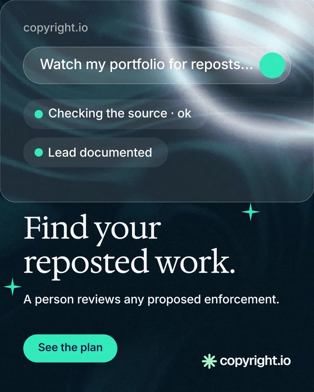 Instagram portrait post for copyright.io: "Find your reposted work." Y2K style, skeleton layout, dark palette in blue, grey, black.