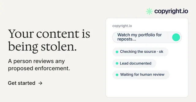 Social ad for copyright.io: "Your content is being stolen." Minimal luxury style, bottom layout, light palette in white, grey.