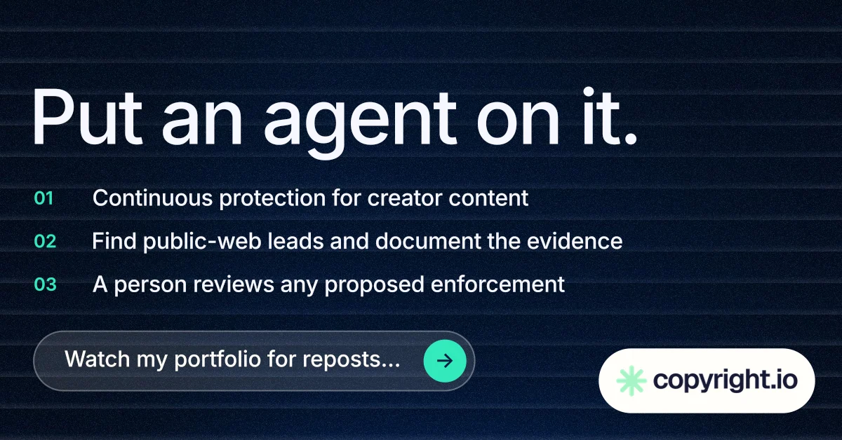 Social ad for copyright.io: "Put an agent on it." Agentic glass style, numbered layout, dark palette in black, grey.