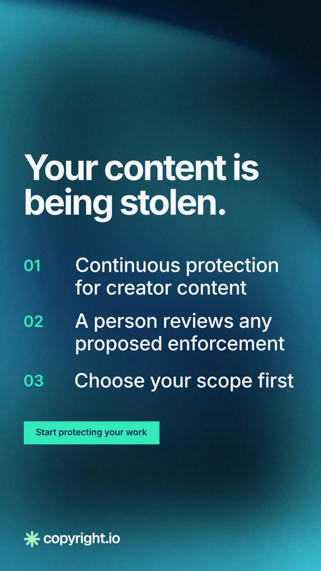 Instagram story for copyright.io: "Your content is being stolen." Swiss style, numbered layout, dark palette in blue, teal.