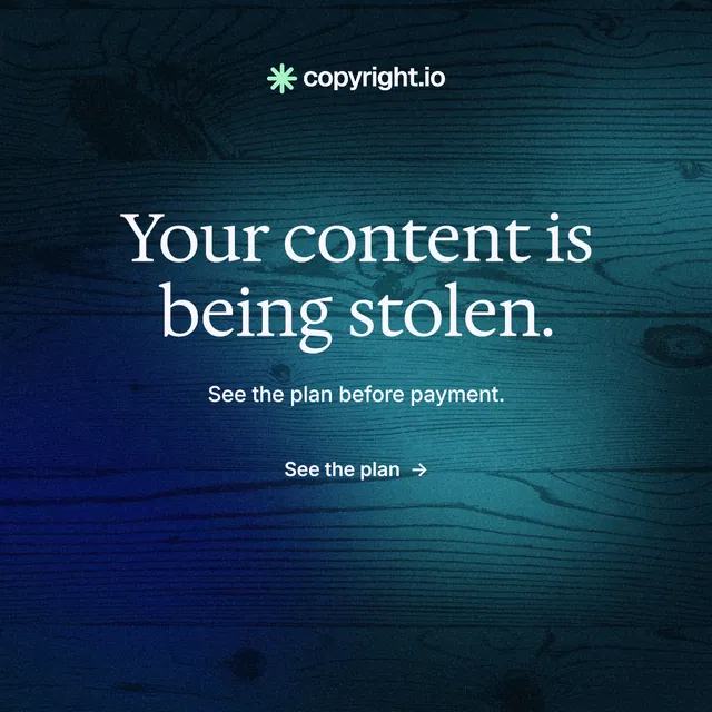 Instagram post for copyright.io: "Your content is being stolen." Minimal luxury style, centred layout, dark palette in black, blue, teal.