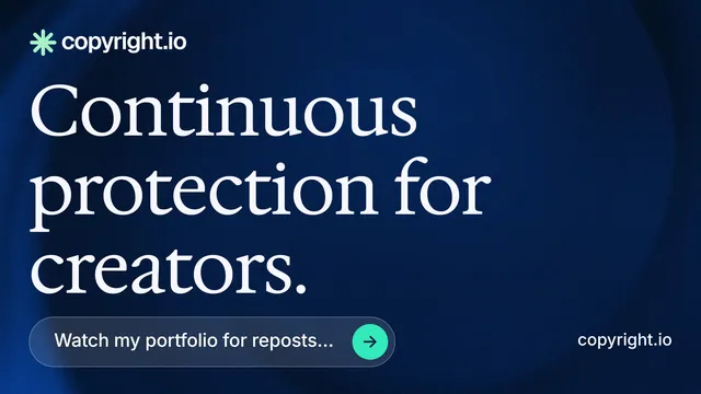 Landscape graphic for copyright.io: "Continuous protection for creators." Agentic glass style, poster layout, dark palette in blue, black, grey.