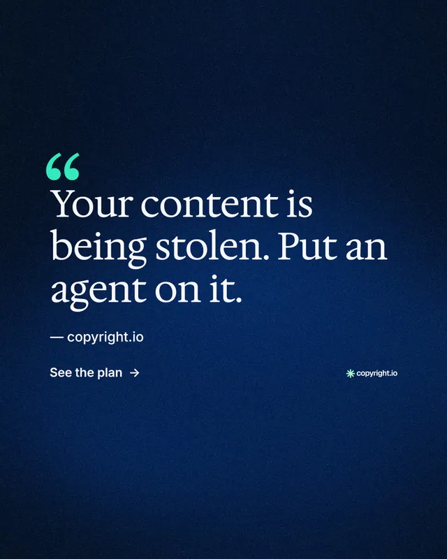 Instagram portrait post for copyright.io: "Protect your work." Minimal luxury style, quote layout, dark palette in blue, black.
