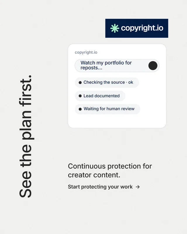 Instagram portrait post for copyright.io: "See the plan first." Minimal luxury style, vertical layout, light palette in white.