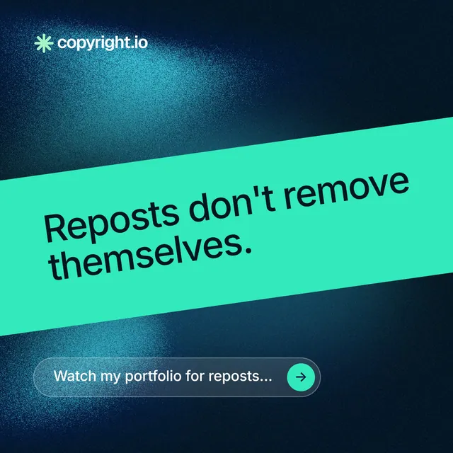 Instagram post for copyright.io: "Reposts don't remove themselves." Agentic glass style, diagonal layout, dark palette in teal, black, blue.