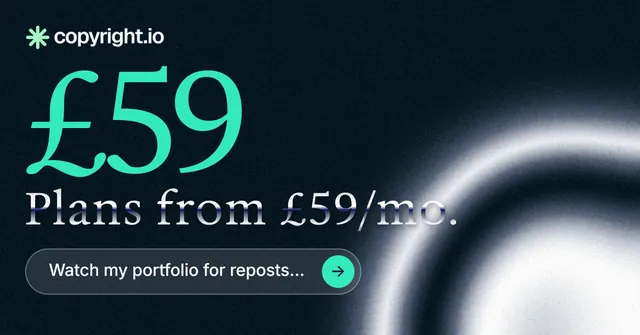 Social ad for copyright.io: "Find your reposted work." Agentic glass style, stat layout, dark palette in black, blue, grey.