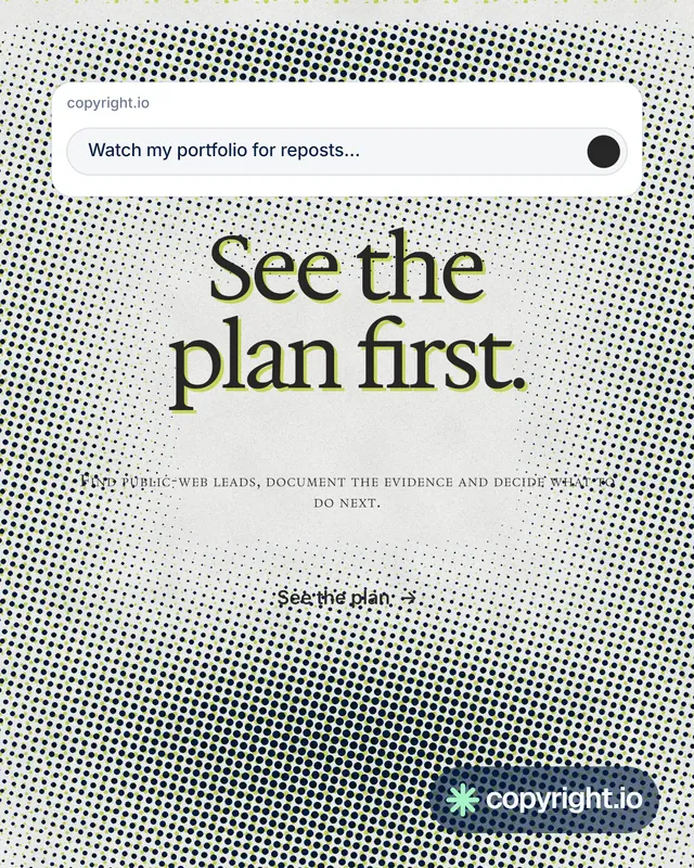 Instagram portrait post for copyright.io: "See the plan first." Swiss style, smallcaps layout, light palette in grey, white.