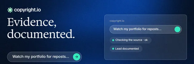 X header for copyright.io: "Evidence, documented." Agentic glass style, bottom layout, dark palette in blue, black.