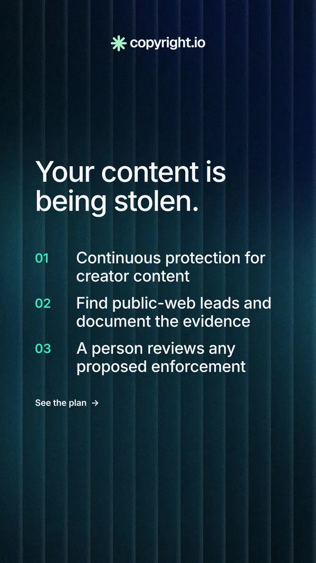 Instagram story for copyright.io: "Your content is being stolen." Minimal luxury style, numbered layout, dark palette in blue, black.