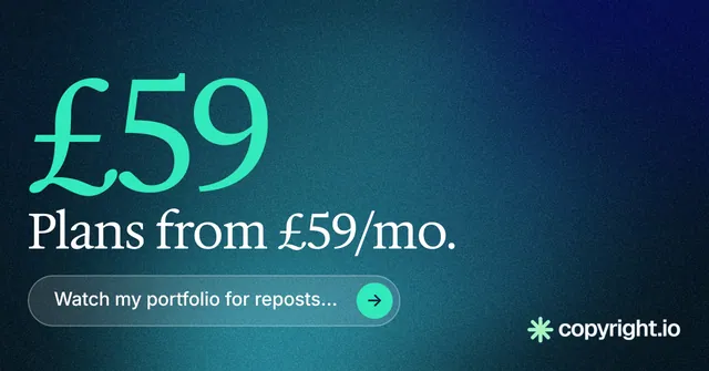 Social ad for copyright.io: "Continuous protection for creators." Agentic glass style, stat layout, dark palette in blue, teal.