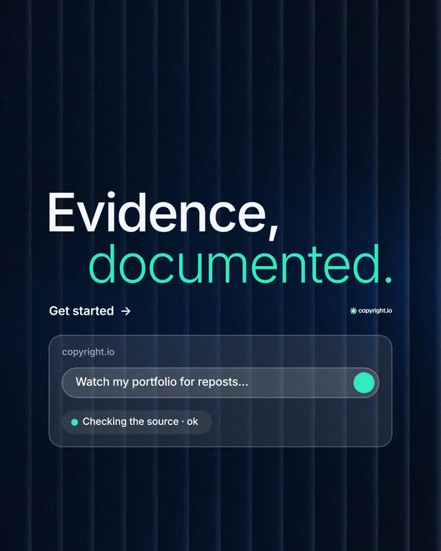 Instagram portrait post for copyright.io: "Evidence, documented." Minimal luxury style, stacked layout, dark palette in black, blue.
