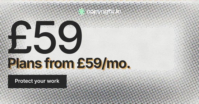 Social ad for copyright.io: "Put an agent on it." Swiss style, stat layout, light palette in grey, white.