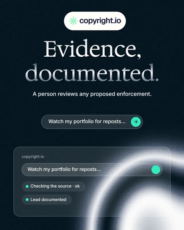 Instagram portrait post for copyright.io: "Evidence, documented." Agentic glass style, centred layout, dark palette in black, blue, grey.