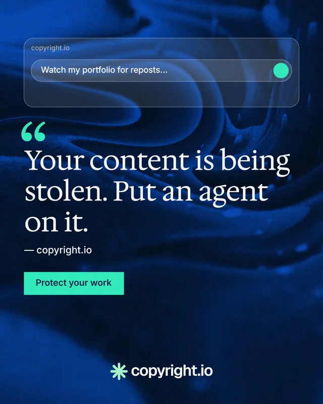 Instagram portrait post for copyright.io: "Protect your work." Swiss style, quote layout, dark palette in blue, black.