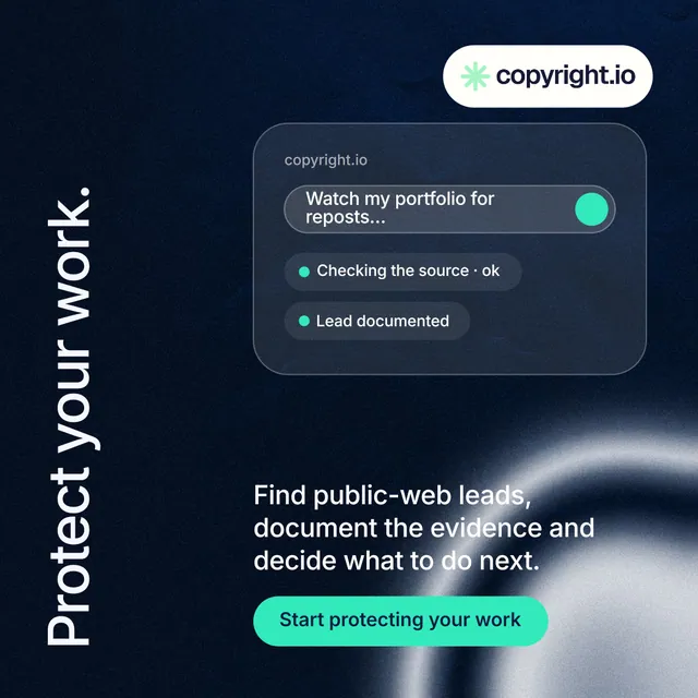 Instagram post for copyright.io: "Protect your work." Y2K style, vertical layout, dark palette in black, blue, grey.