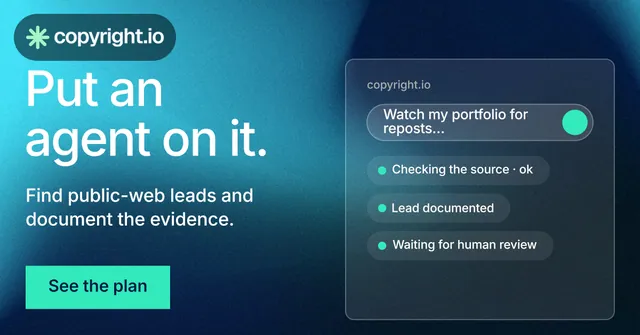 Social ad for copyright.io: "Put an agent on it." Swiss style, bottom layout, dark palette in blue, teal.