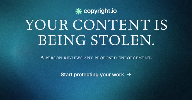 Social ad for copyright.io: "Your content is being stolen." Agentic glass style, smallcaps layout, dark palette in blue.