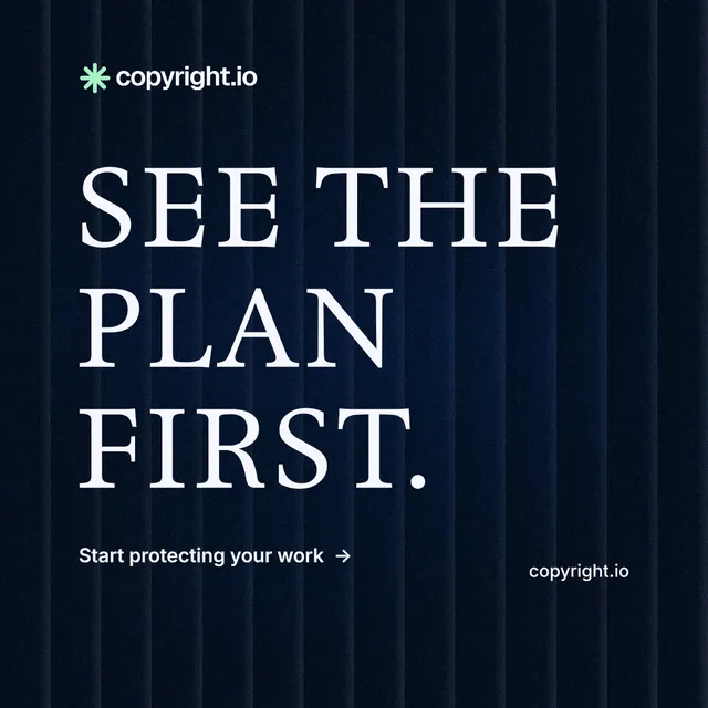 Instagram post for copyright.io: "See the plan first." Minimal luxury style, poster layout, dark palette in black, blue.