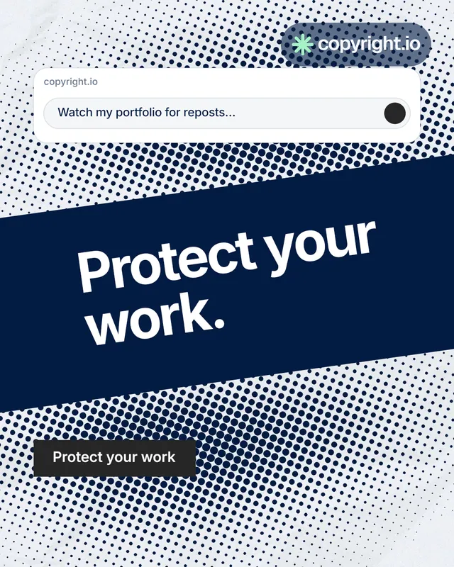 Instagram portrait post for copyright.io: "Protect your work." Swiss style, diagonal layout, light palette in white, blue, grey.
