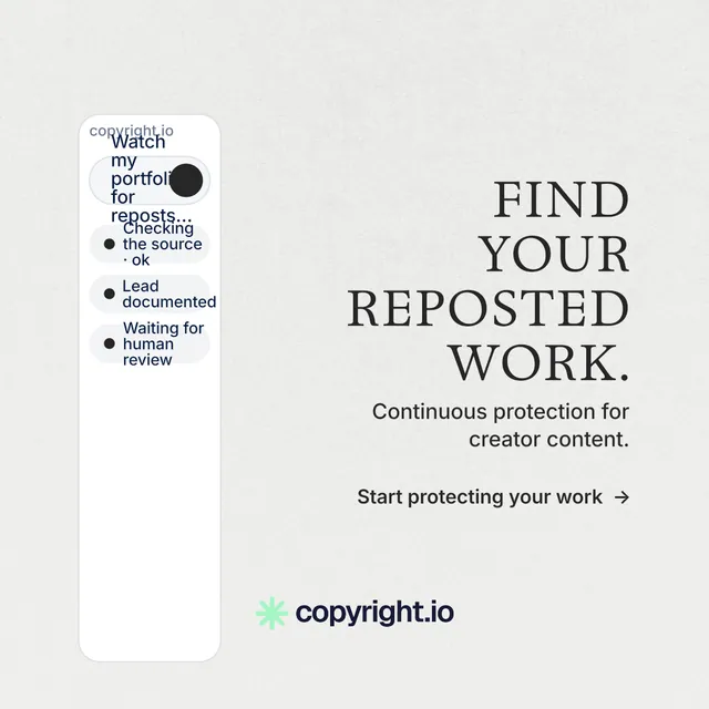 Instagram post for copyright.io: "Find your reposted work." Minimal luxury style, right layout, light palette in white, grey.