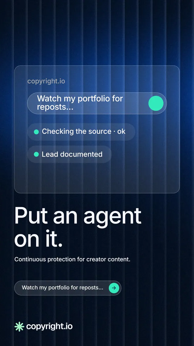 Instagram story for copyright.io: "Put an agent on it." Agentic glass style, bottom layout, dark palette in blue, black.