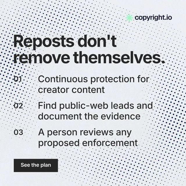 Instagram post for copyright.io: "Reposts don't remove themselves." Swiss style, numbered layout, light palette in white, blue, grey.