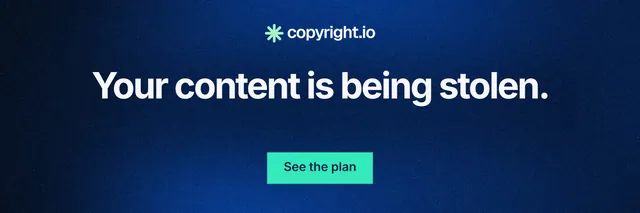 X header for copyright.io: "Your content is being stolen." Swiss style, centred layout, dark palette in blue, black.