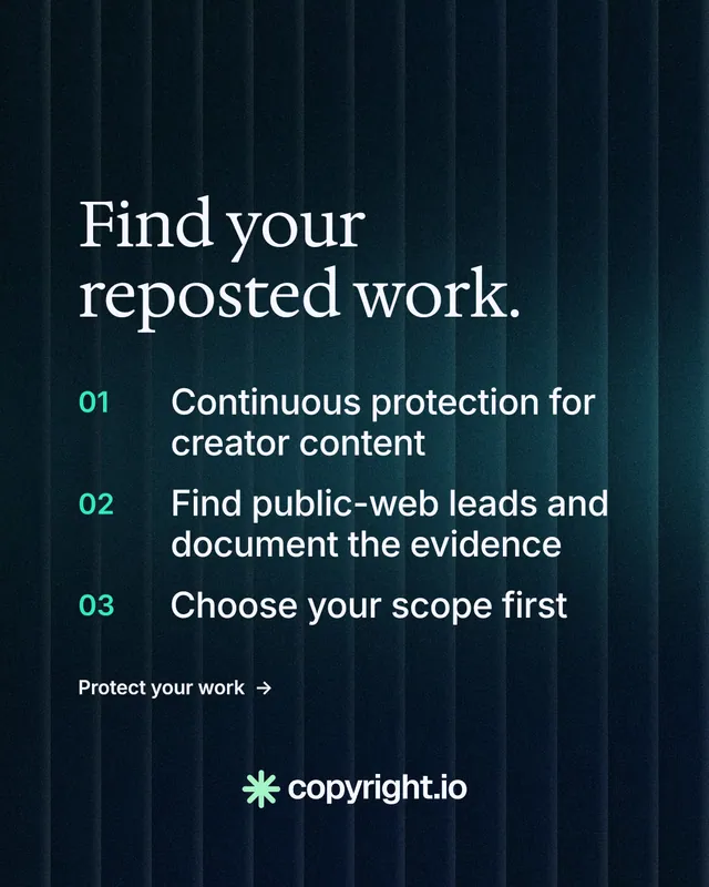 Instagram portrait post for copyright.io: "Find your reposted work." Minimal luxury style, numbered layout, dark palette in black, blue, grey.