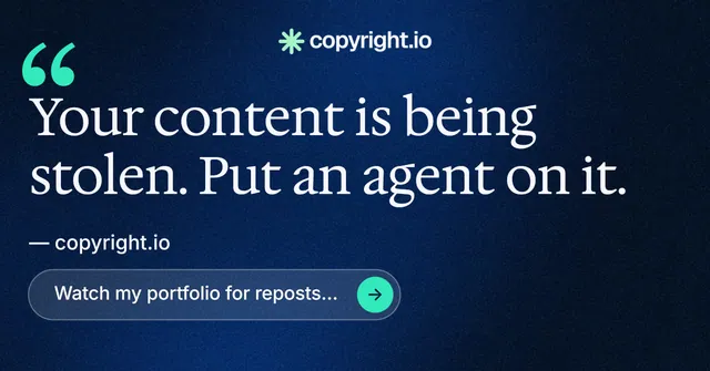 Social ad for copyright.io: "Continuous protection for creators." Agentic glass style, quote layout, dark palette in blue, black.