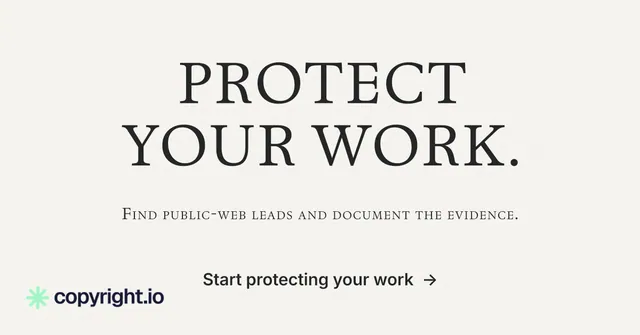Social ad for copyright.io: "Protect your work." Editorial style, smallcaps layout, light palette in white, grey.
