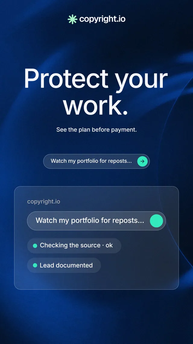 Instagram story for copyright.io: "Protect your work." Agentic glass style, centred layout, dark palette in blue, black.