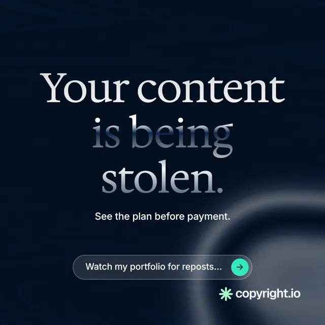 Instagram post for copyright.io: "Your content is being stolen." Agentic glass style, centred layout, dark palette in black, grey.
