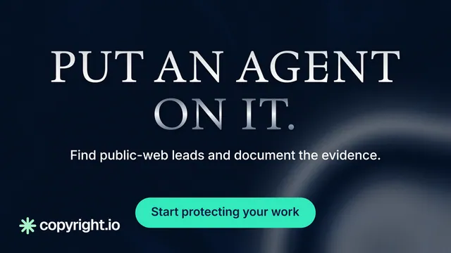 Landscape graphic for copyright.io: "Put an agent on it." Y2K style, centred layout, dark palette in black, teal.