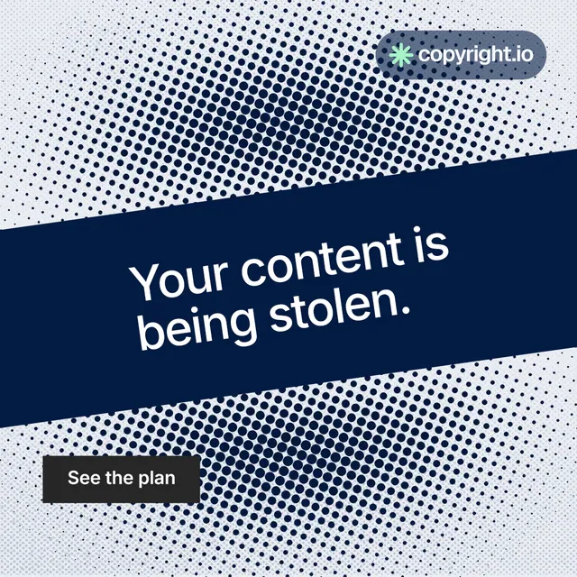Instagram post for copyright.io: "Your content is being stolen." Split block style, diagonal layout, light palette in blue, grey.